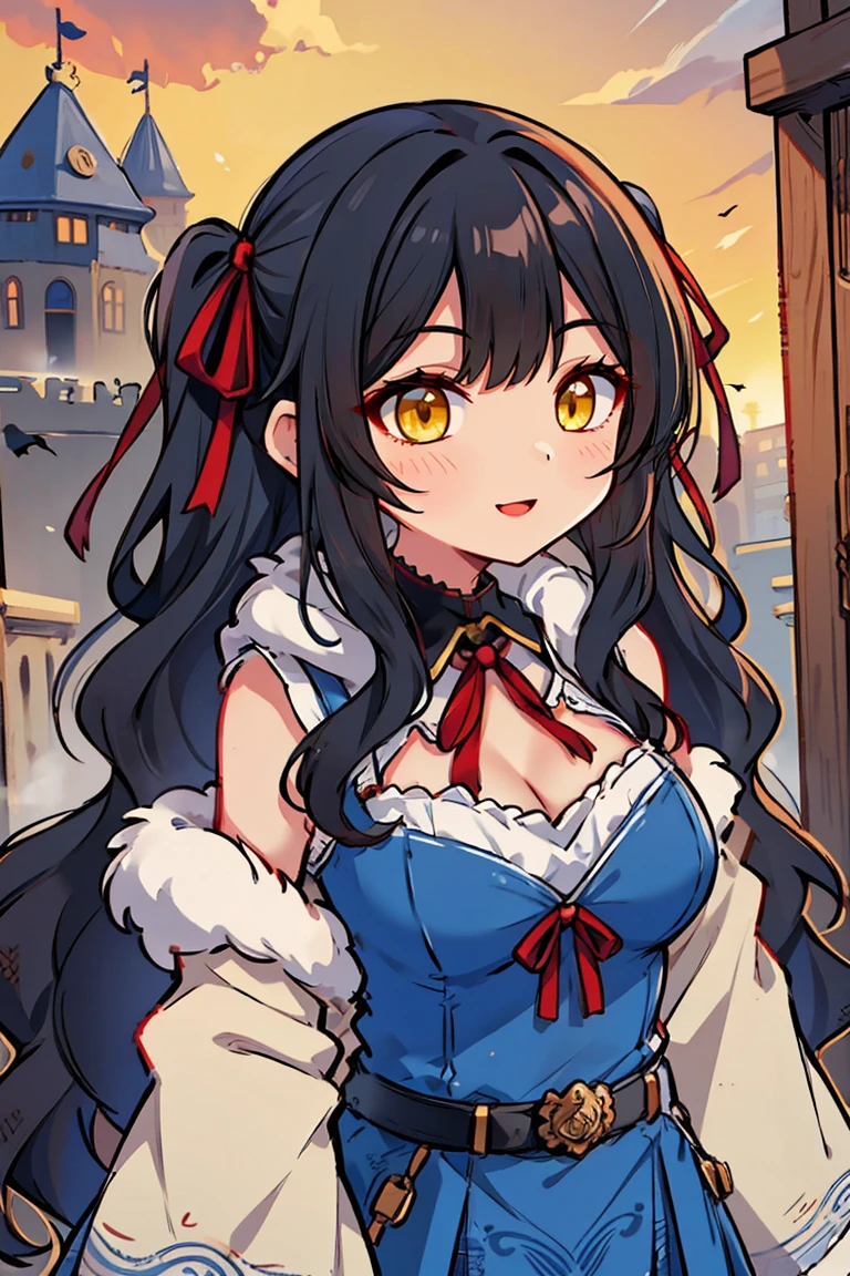 (masterpiece:1.2), (high quality:1.2), (hui xiyi:0.7), rekkyo sensen, rekkyou sensen, girls with((1girl, solo, black hair, yellow eyes, (wavy long hair, one side up:1.54), blush, breasts, cleavage, cowboy shot, bare shoulders, dress, lace dress, blue clothes, belt, red bow, red ribbon, neck ribbon, blouse shirt, eyebrows visible through hair, frills, fur, fur-trimmed hood, fur-trimmed jacket, fur-trimmed sleeves, fur coat, fur collar, fur trim, hood down, hooded coat, hooded jacket, hoodie, jacket, large breasts, long hair, long sleeves, medium breasts, open clothes, open coat,open hoodie, sleeveless, winter clothes, zipper, cleavage, upper body)), background with((fantasy world, ruin, castle, beautiful sky, shining sky, sunshine))