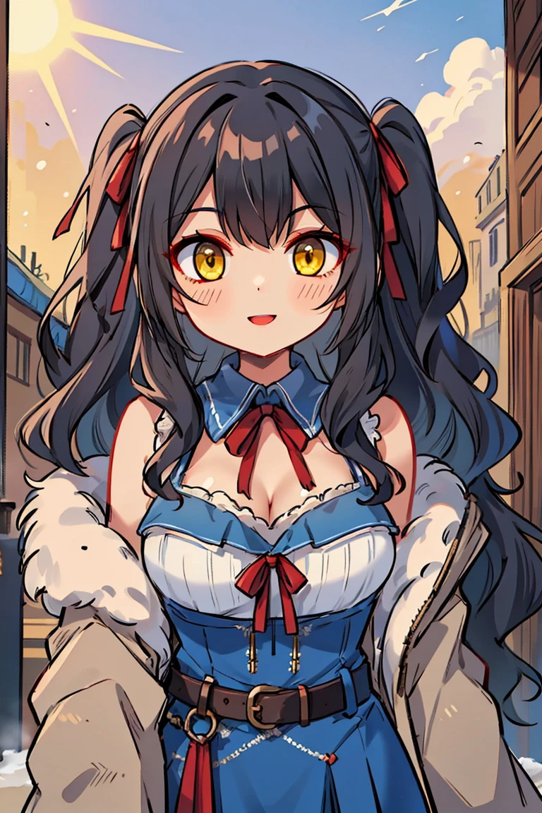 (masterpiece:1.2), (high quality:1.2), (hui xiyi:0.7), rekkyo sensen, rekkyou sensen, girls with((1girl, solo, black hair, yellow eyes, (wavy long hair, one side up:1.54), blush, breasts, cleavage, cowboy shot, bare shoulders, dress, lace dress, blue clothes, belt, red bow, red ribbon, neck ribbon, blouse shirt, eyebrows visible through hair, frills, fur, fur-trimmed hood, fur-trimmed jacket, fur-trimmed sleeves, fur coat, fur collar, fur trim, hood down, hooded coat, hooded jacket, hoodie, jacket, large breasts, long hair, long sleeves, medium breasts, open clothes, open coat,open hoodie, sleeveless, winter clothes, zipper, cleavage, upper body)), background with((fantasy world, ruin, castle, beautiful sky, shining sky, sunshine))