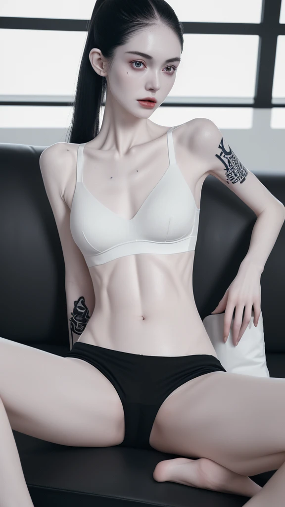 a very thin woman with visible bones, pale white skin, sweaty body, full body view , perfect body slim , sweaty weat body, wearing short sport pant and bra, tatto, sitting in a sofa(best quality,4k,8k,highres,masterpiece:1.2)