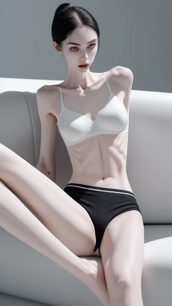 a very thin woman with visible bones, pale white skin, sweaty body, full body view , perfect body slim , sweaty weat body, wearing short sport pant and bra, tatto, sitting in a sofa(best quality,4k,8k,highres,masterpiece:1.2)