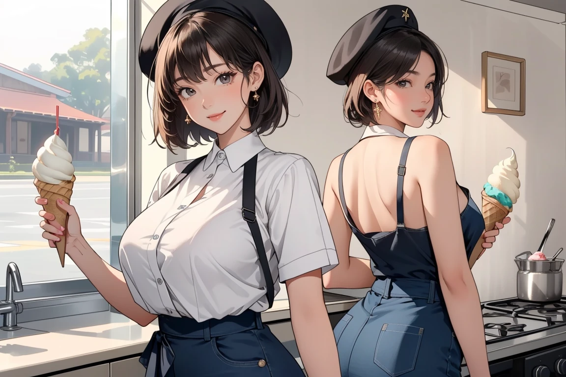 ((Masterpiece, top quality, high resolution)), ((highly detailed CG unified 8K wallpaper)), (huge stunning goddess shot, so hot and sexy, jaw dropping beauty, perfect proportions, beautiful body, slim body beauty:1.3), Food stall, kitchen car, two female clerks wearing black aprons selling ice cream, short hair, smiling, customers waiting in line, handing ice cream to viewer, seen from behind,