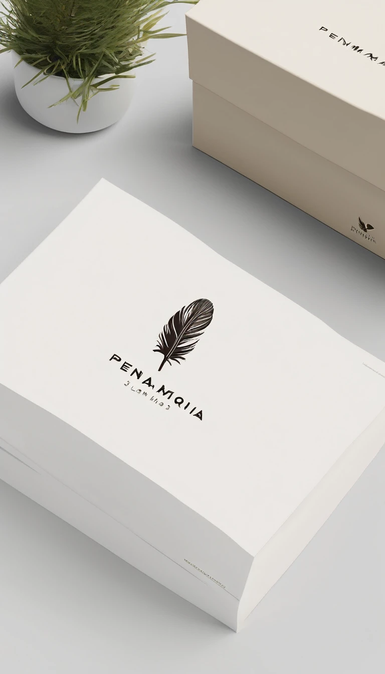 A minimal, modern, simple, cinematic logo design for the brand “Penamemoria". Create a modern, minimalistic, high-quality, logo of a boy feather