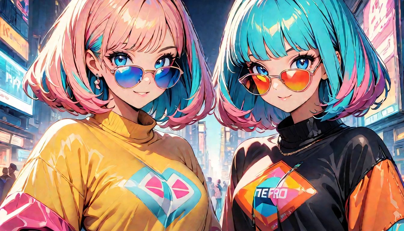 (highest quality:1.2, City Pop Style, Very detailed, up to date, Vibrant, High Contrast, masterpiece:1.2, highest quality, Best aesthetics), girl, Colorful hair, Bobcut, pastel colour, 1980s style, ((The metropolis of the future, Retro, Vintage)), Logo jumper, (sunglasses).sexy