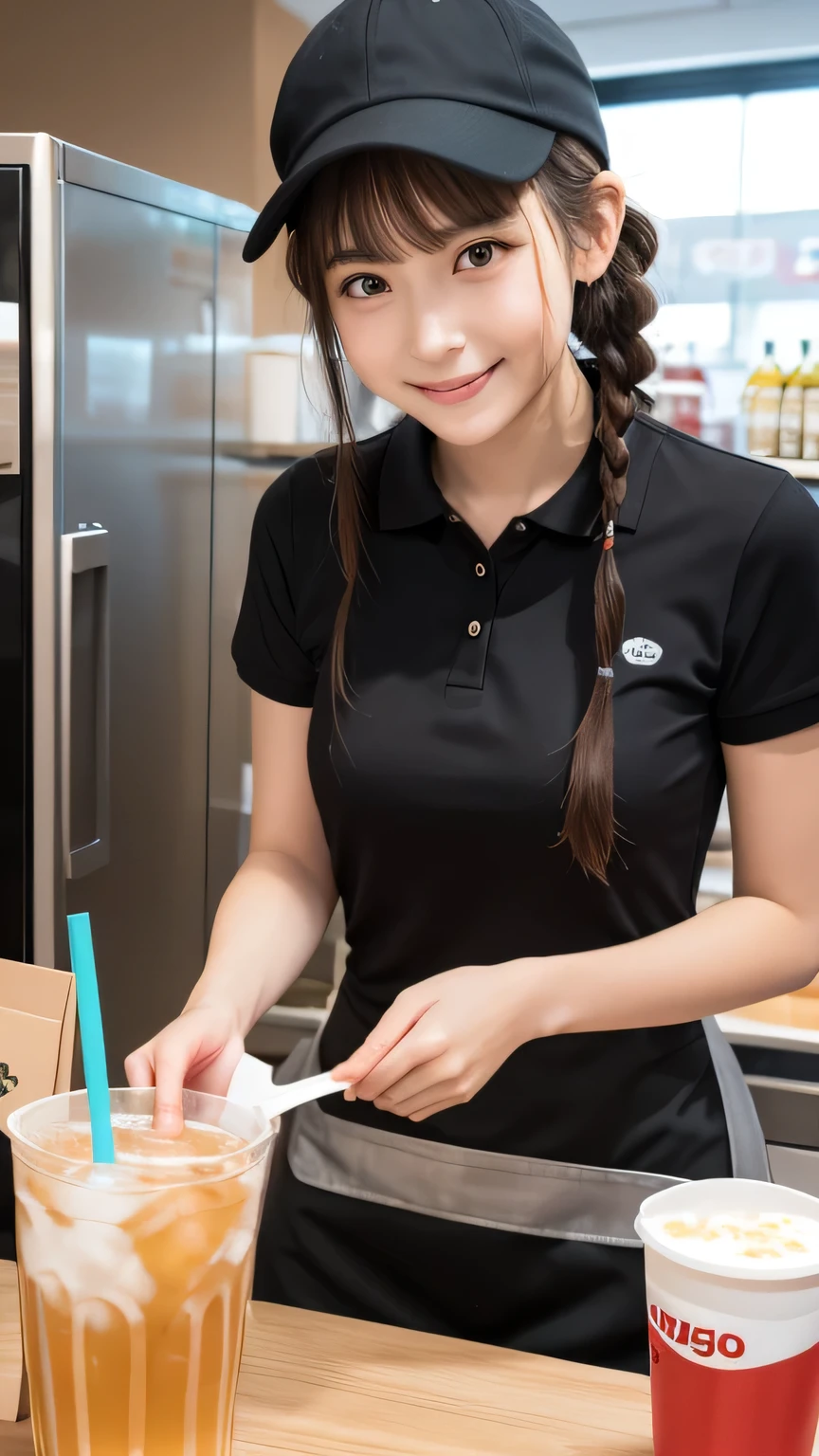 Best picture quality (8K, high resolution, Masterpiece: 1.2), super detailed,  215 Short Hair,Three braids long hair, 16-year-old woman, 

Fast food worker preparing soft drinks: A girl is pouring a soft drink into a cup。
detailed:
angle: A shot showing the drink dispenser and the girl。In the background are a refrigerator and syrup containers.。
clothing: Uniform polo shirt、apron、cap。
atmosphere: A busy corner of the store、Second-rate々And the efficiency with which they handled the orders.。
action: A girl pours a soft drink into a cup、He closes the lid and prepares to offer the straw.。


Active Pause ,
Beside her、The thunder danced。
Close up shot of face


, random cute pose ,big eyes ,Puffy eyes ,  Heart Pupil, blush  , huge shy smile , salute




