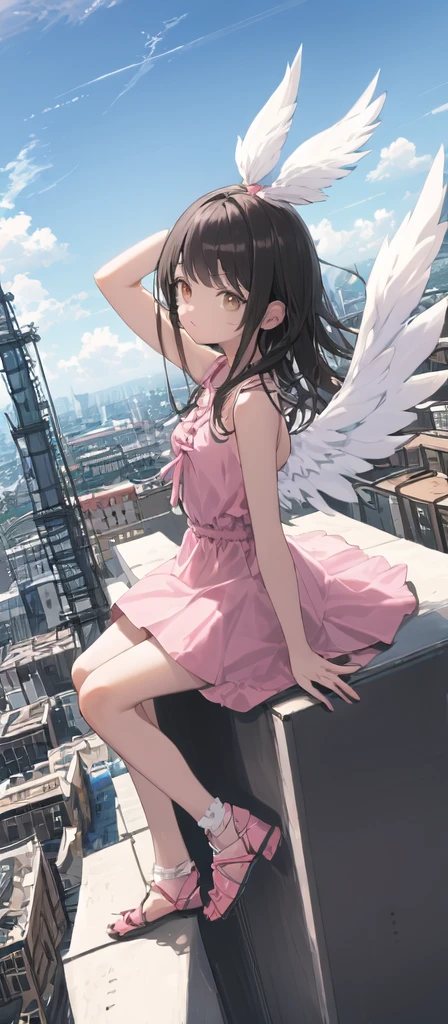 (masterpiece, best quality),from above , 1littlegirl, solo, (feathered White angel wings:1.2), yellow halo floating on top of her head,billboard, brown eyes, black hair, building, city, cloudy sky, pink sleeveless short dress,pink sandal, crane \(machine\), dutch angle, from side, light frown, looking at viewer, outdoors, rooftop, sky, skyscraper