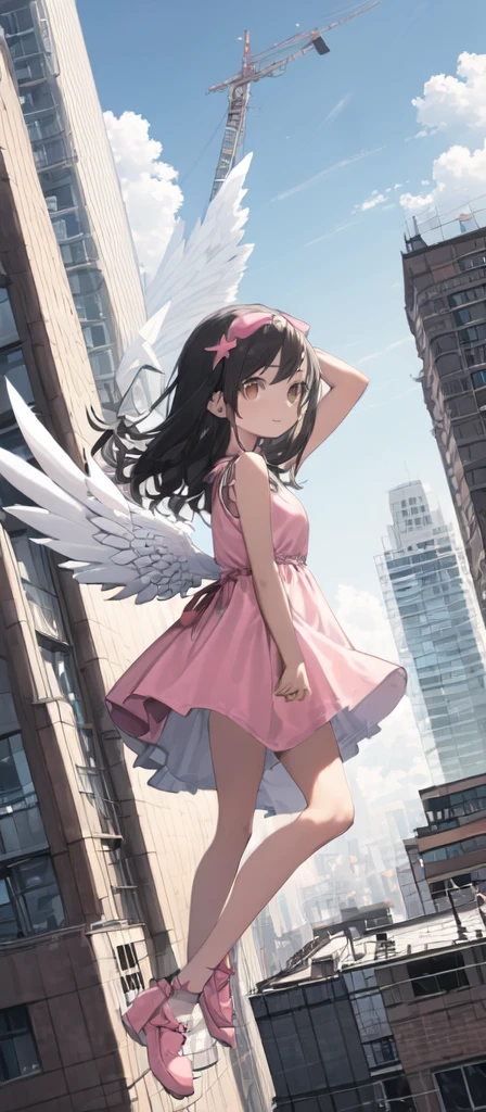 (masterpiece, best quality),from above , 1littlegirl, solo, (feathered White angel wings:1.2), yellow halo floating on top of her head,billboard, brown eyes, black hair, building, city, cloudy sky, pink sleeveless short dress,pink sandal, crane \(machine\), dutch angle, from side, light frown, looking at viewer, outdoors, rooftop, sky, skyscraper