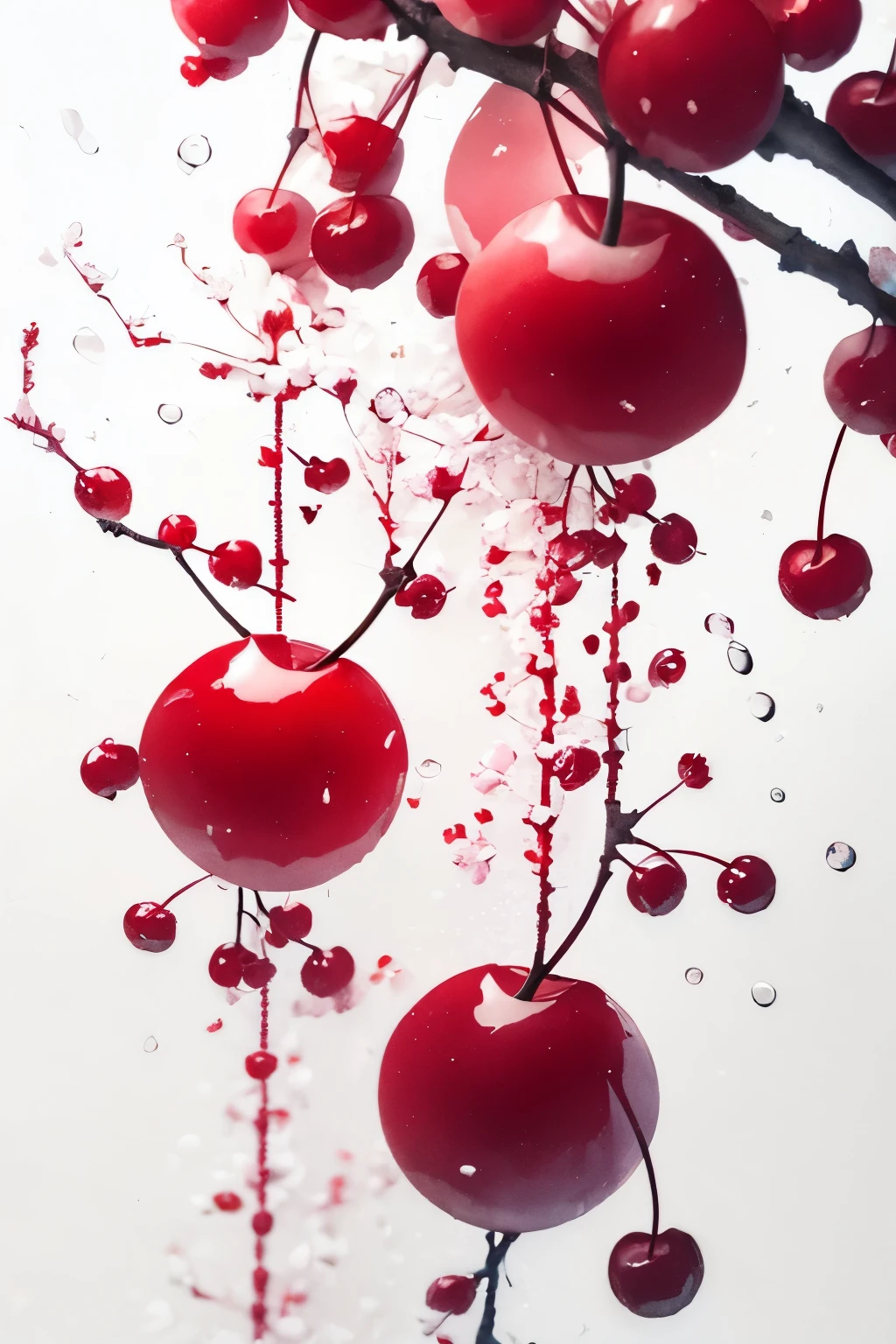 (white background: 1.3), scenery, cherry rain, cherries falling like rain drops, cherry fall, many cherries, ink