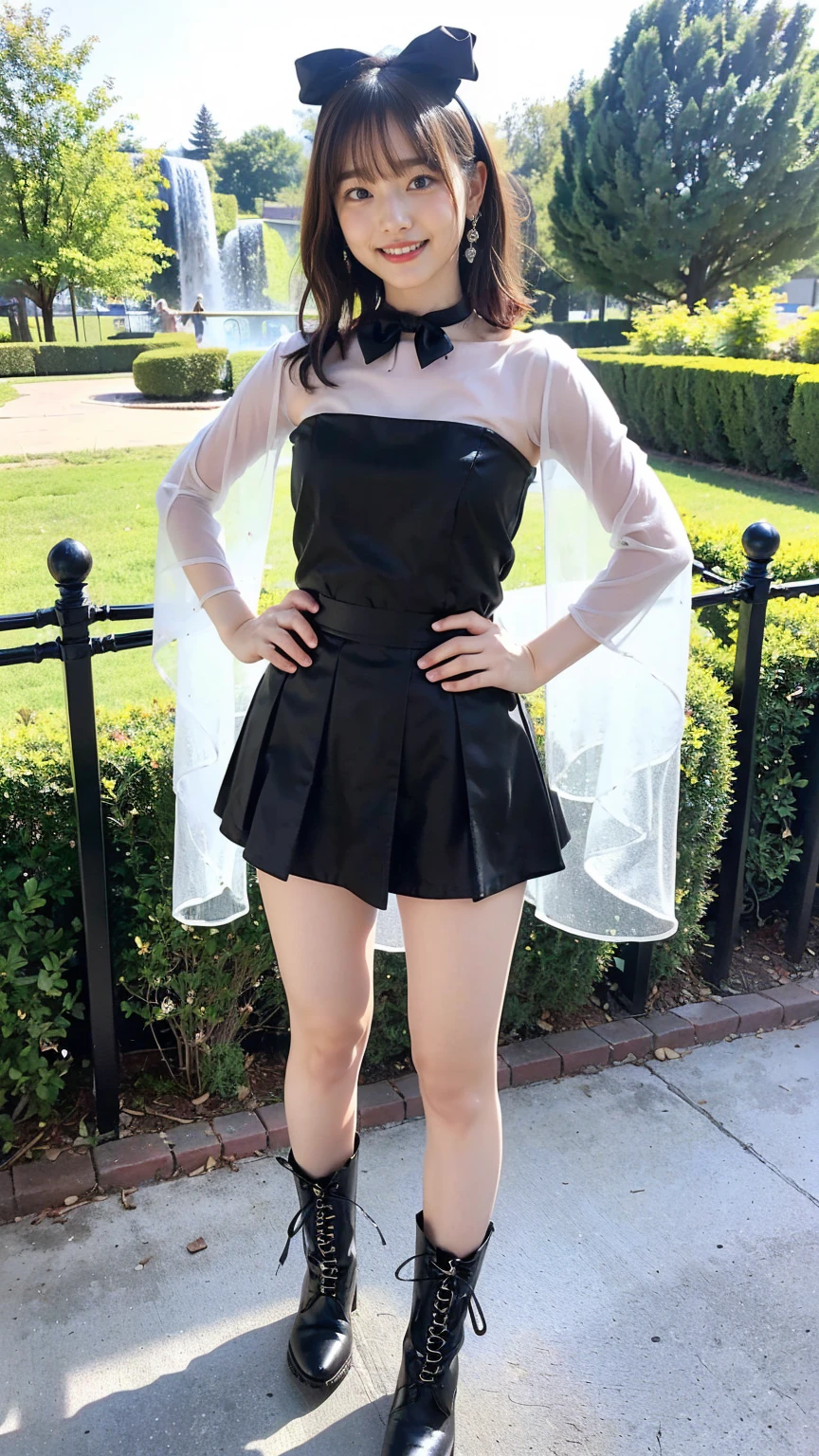 (8K、RAW Photos、Highest quality、masterpiece:1.2)、(Highest quality、Realistic)、1 Girl、((Tube top、mini skirt、Idol Costume、ribbon、Medium Hair、See-through、smile、Silver and Black、Thin legs、whole body、boots、garden、View from the front、Looking into the camera、Stand with hands on hips))、cute