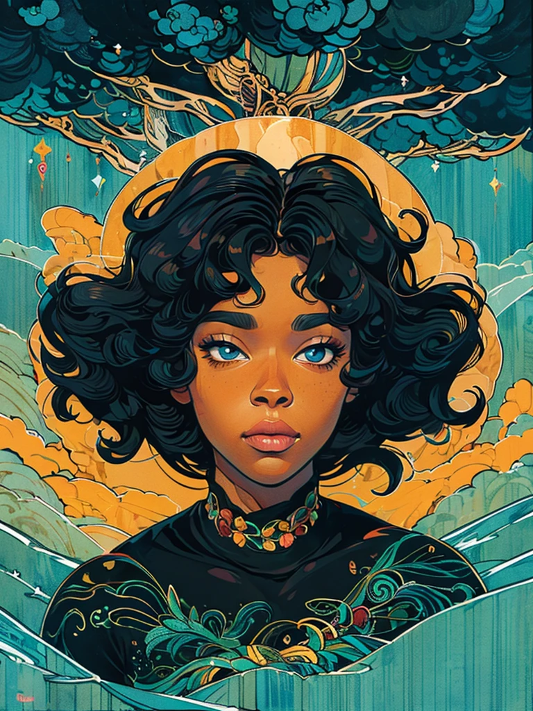 A beautiful black woman with wavy hair, detailed expressive eyes, vibrant colors, anatomically correct proportions, full body shot, highly detailed, masterpiece, deviant art style