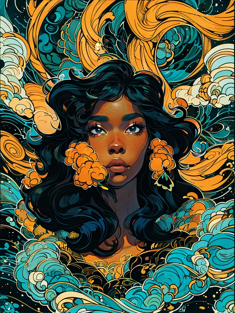 A beautiful black woman with wavy hair, detailed expressive eyes, vibrant colors, anatomically correct proportions, full body shot, highly detailed, masterpiece, deviant art style