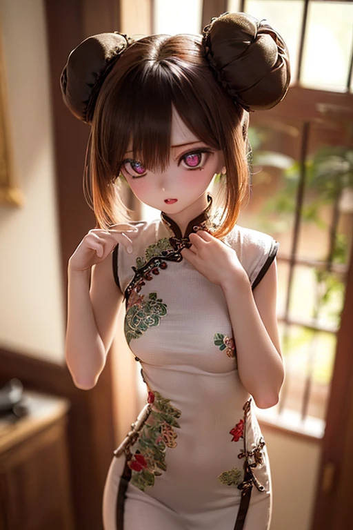 (SFW:2), photorealistic, realistic photo, 8k, ((highest quality)), ((masterpiece)), (extremely detailed), kukolnydom, doll, (1girl, 22yo, 22 years old:1.6), solo, ((cowboy shot, standing, slim, slender, skinny, medium breasts, china dress, qipao, chinese room)), (parted lips, green eyes, brown hair, double buns, plastic skin, looking at another, glass eyes, gradient eyes, shining eyes, detailed eyes:1.3)