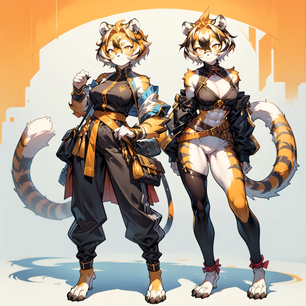 white background, full body, ((furry female:1.2)), Standing, animal ears, white hair, black hair, short hair, large breasts, muscle, tail, orange eyes, orange hair, multicolored hair, tiger girl, hair between eyes, tiger_ears, tiger_tail, orange-tinted_eyewear, tinted_eyewear, big breasts, evil smile, Shadows under feet, Abdominal muscles, (((Hooker outfit:1.2))), show body,Gold, lots of gold, gold ingots everywhere