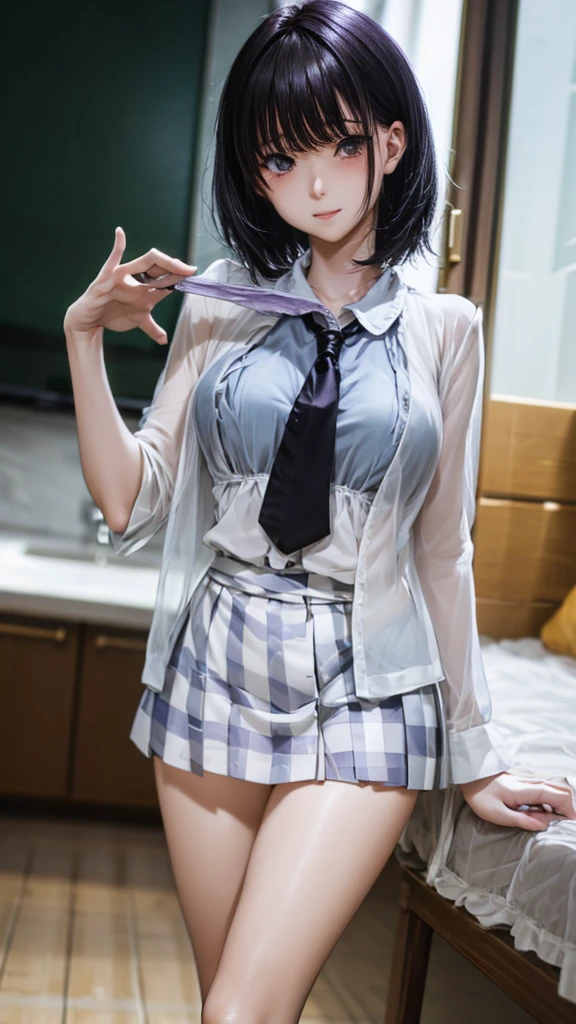 (Very detailed CG Unity 8K 壁紙),(masterpiece), (Highest quality), (Very detailed), (Best illustrations),(Best Shadow), Large Breasts,16 years old,Purple eyes and purple very short hair,,White blouse,Blue tie,Checked mini skirt（Showing panties）,beige cardigan,Dynamic Angle