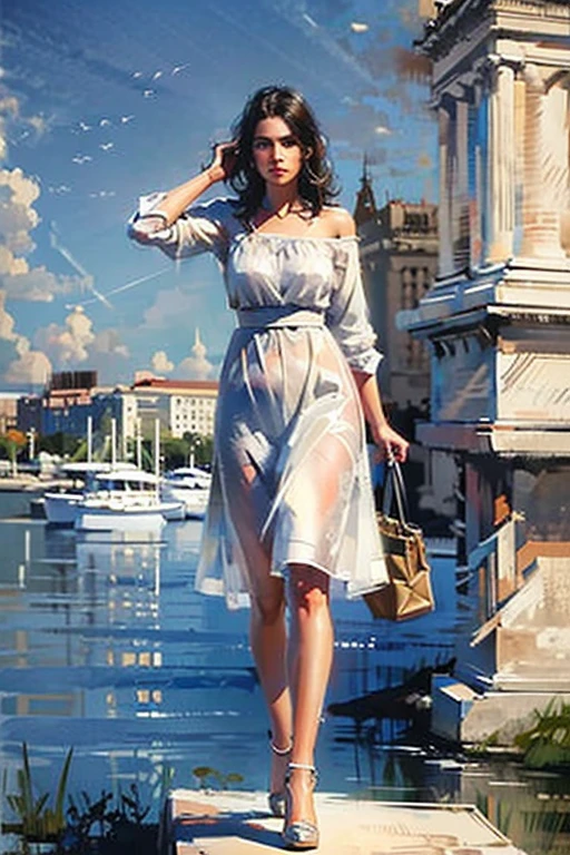 Masterpiece cinematic photo, photograph cinematic photo a Soldier ultra detailed, ultra sharp, ((best quality, симметрия)), ((masterpiece)), Stands on the embankment of Berlin cityscape background, photograph, film, bokeh, professional, 16k , oil painting,