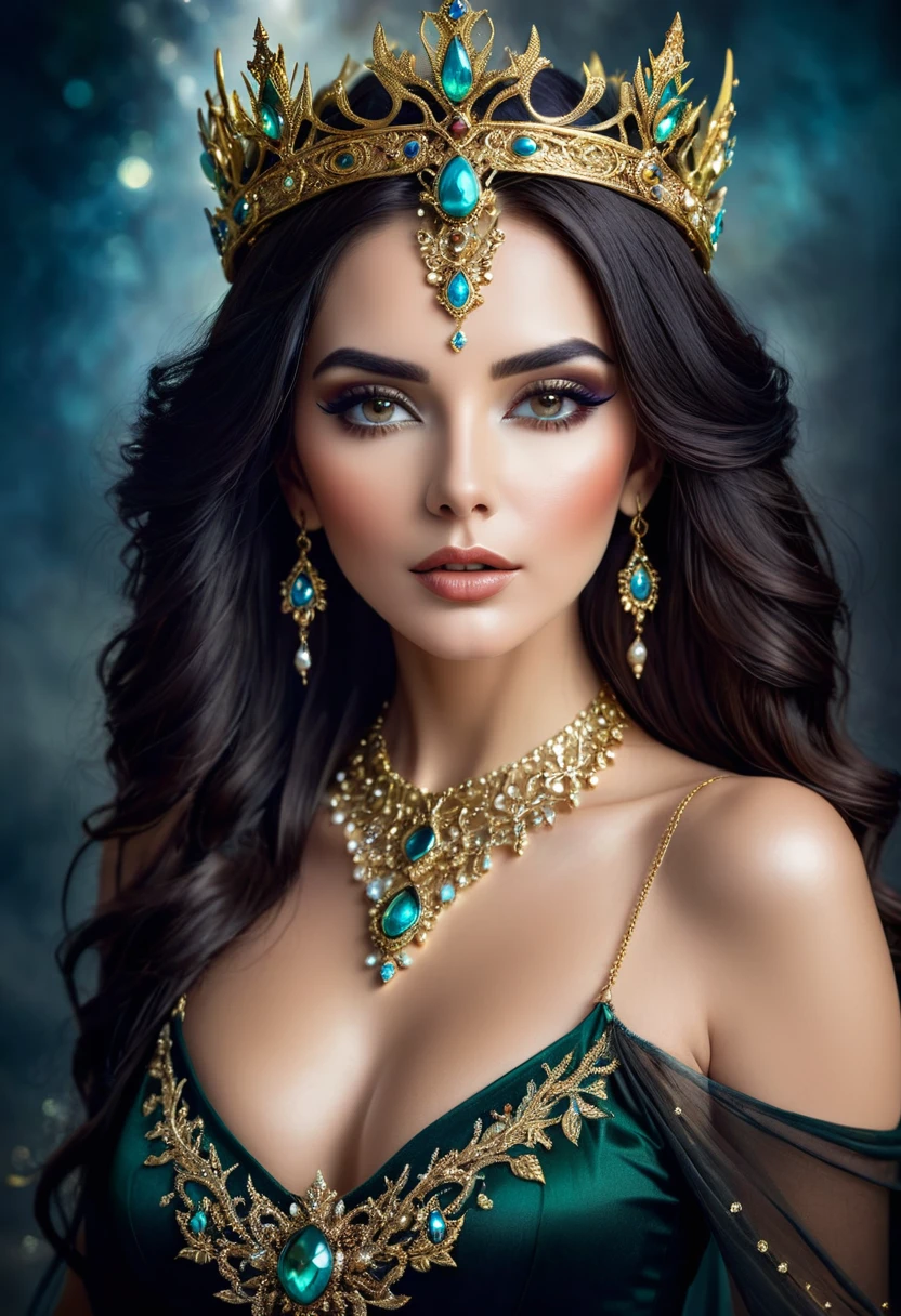 a woman with a crown on her head and a necklace, foto de una beautiful woman, beautiful woman, A stunning portrait of a goddess, Portrait of a beautiful goddess, dark hair and makeup, beauty woman with detailed faces, Beautiful portrait of a woman, beautiful fantasy portrait, fantasy portrait, hermosa beautiful woman, beauty portrait, portrait of a beautiful model, beautiful enchantress