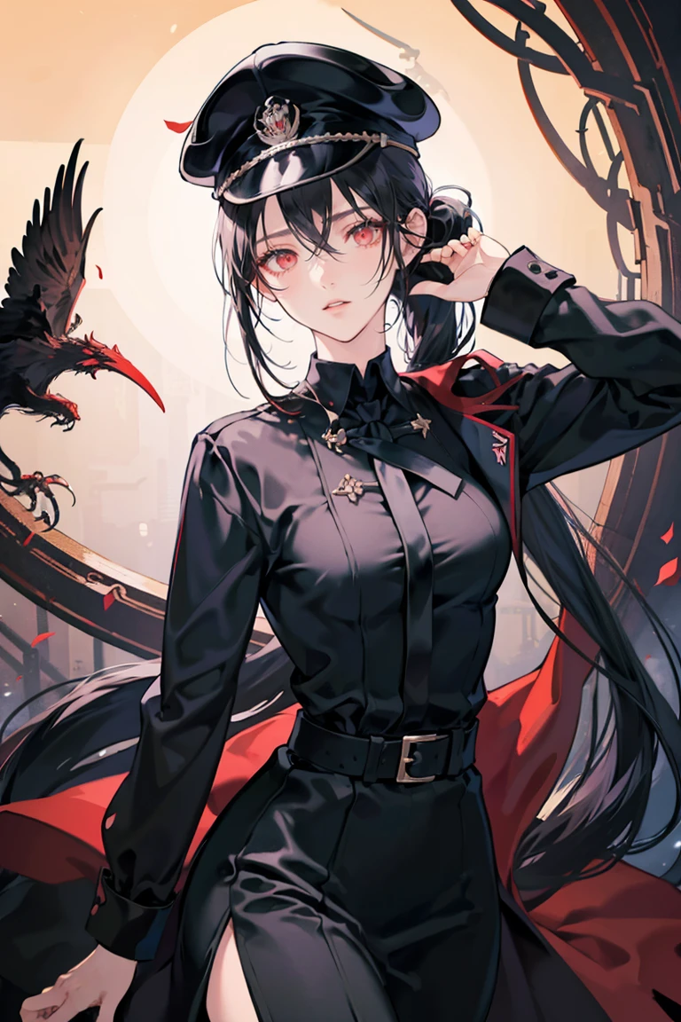 anime - (masterpiece), best quality, small eyes, mature face, dark red eyes, long ponytail dark black hair, long mature face, black t-shirt, black coat, black necktie, peaked cap, tall woman, long legs, adult-like female, 1girl, medium sized breast, school background, mature look
