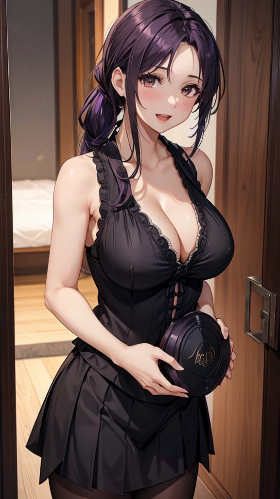 1 girl, alone, long hair, Large Breasts, Cleavage, Brown eyes, ponytail, purple hair, Black skirt, ,  , Mature female, widow, :d, (masterpiece: 1.0), (the best_quality: 1.0), silence