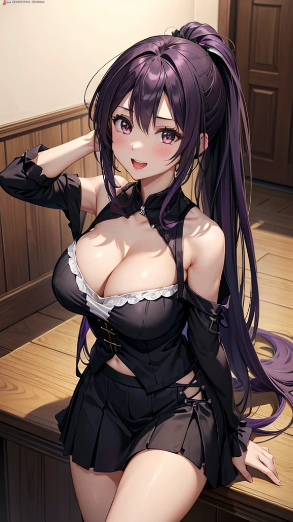 1 girl, alone, long hair, Large Breasts, Cleavage, Brown eyes, ponytail, purple hair, Black skirt, , , Mature female, widow, :d, (masterpiece: 1.0), (the best_quality: 1.0), silence