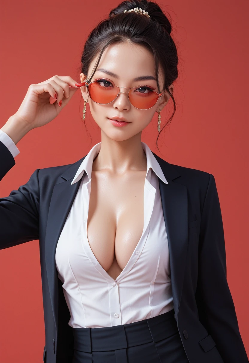 score_9, score_8_up, score_7_up, score_6_up, photography, 1girl, japanese, beautiful face, young, 20 years old, standing, red background, red sunglasses, deep cleavage, black office suit, jewelry, model pose