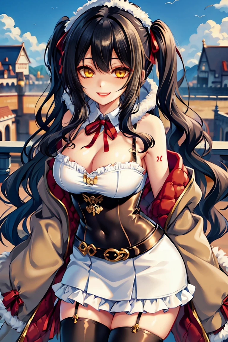 (masterpiece:1.2), (high quality:1.2), (hui xiyi:0.7), rekkyo sensen, rekkyou sensen, girls with((1girl, solo, black hair, yellow eyes, (wavy long hair, one side up:1.54), blush, breasts, cleavage, cowboy shot, dress, lace dress, belt, red bow, red ribbon, neck ribbon, blouse shirt, eyebrows visible through hair, frills, fur, fur-trimmed hood, fur-trimmed jacket, fur-trimmed sleeves, fur coat, fur collar, fur trim, hood down, hooded coat, hooded jacket, hoodie, jacket, large breasts, long hair, long sleeves, medium breasts, open clothes, open coat,open hoodie, sleeveless, winter clothes, zipper, cleavage, upper body)), background with((fantasy world, ruin, castle, beautiful sky, shining sky, sunshine))