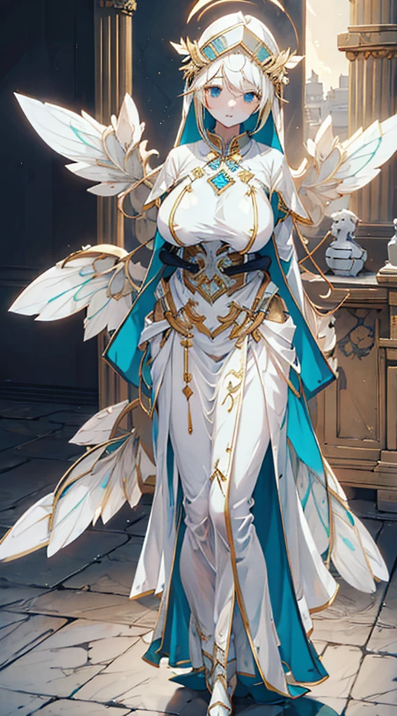 goddess，Fantasy style，Magic Style，Greek style，White gold color scheme，White and gold，goddess，Halo，Divinity，wing，wing，wing，wing，wing，Big breasts大屁股，Big breasts，Full figure，Royal sister，graceful，Noble temperament，robe，高开叉robe，Golden runes，Kingdom of Heaven background，Ancient Greek temple background，Close-up above the waist，Upper body close-up