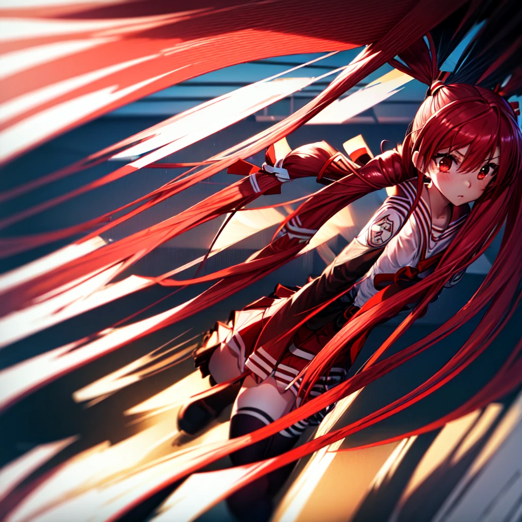 One girl, Solo Twintails, Red Hair Color,Long Hair, Red hair ribbon, Red eyes,(school uniform:1.2), Long sleeve, Short tie, Flat Chest, Kanzaki H. Aria,mini skirt, Black knee socks, Possession of a gun,