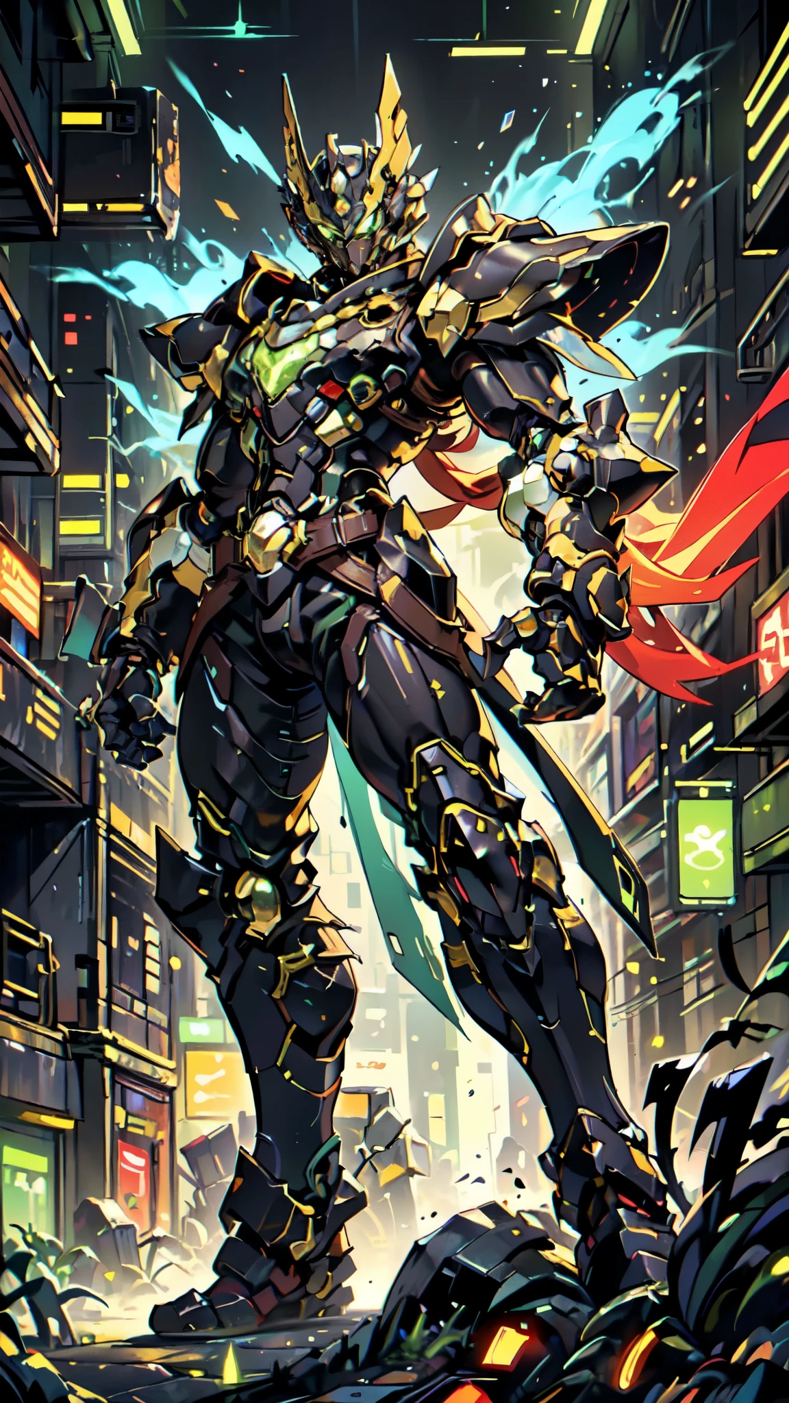 (masterpiece:1.5, best quality:1.5, extremely delicate:1.5, foreshortening:1.5, dynamic angle:1.5), a man wearing a full-face helmet, a fantasy-style biotech armored combat suit, green eyes, (a composite layered chest armor), fully enclosed shoulder guards, matching arm and leg guards, the belt is adorned with neon circuitry, (the color scheme is primarily black glow with green and red accents), the design balances heavy with agility, a high-tech bio-mecha armor, (Armor Concept Inspired by neon Cyberpunk, stand on the top of a skyscraper in a futuristic sci-fi city), this character embodies a finely crafted fantasy-surreal style armored hero in anime style, exquisite and mature manga art style, (element, plasma, energy, the armor glows), ((male:1.5)), metallic, high definition, highres, ultra-detailed, ultra-fine painting, professional, perfect body proportions, golden ratio, anatomically correct, symmetrical face, extremely detailed eyes and face, high quality eyes, creativity, RAW photo, UHD, 32k, Natural light, cinematic lighting, masterpiece-anatomy-perfect