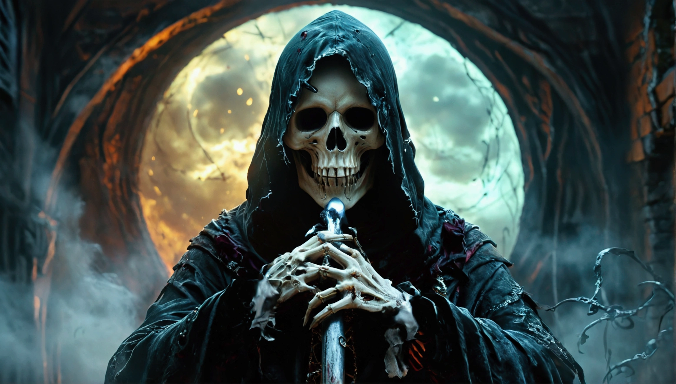 Create a frighteningly detailed and realistic depiction of the hooded figure of Death. The scene is expected to feature a black silhouette with a skull on a face and a skeletal hand holding a menacing sickle. Esta figura sinistra deve ter como pano de fundo uma noite nebulosa iluminada pela luz fria da lua. A imagem deve exalar uma atmosfera sinistra e arrepiante. Use Octane rendering to capture realistic textures and lighting. The resolution should be an impressive 8K, ensuring extraordinary clarity and precision in portraying the sinister aspect of Death.