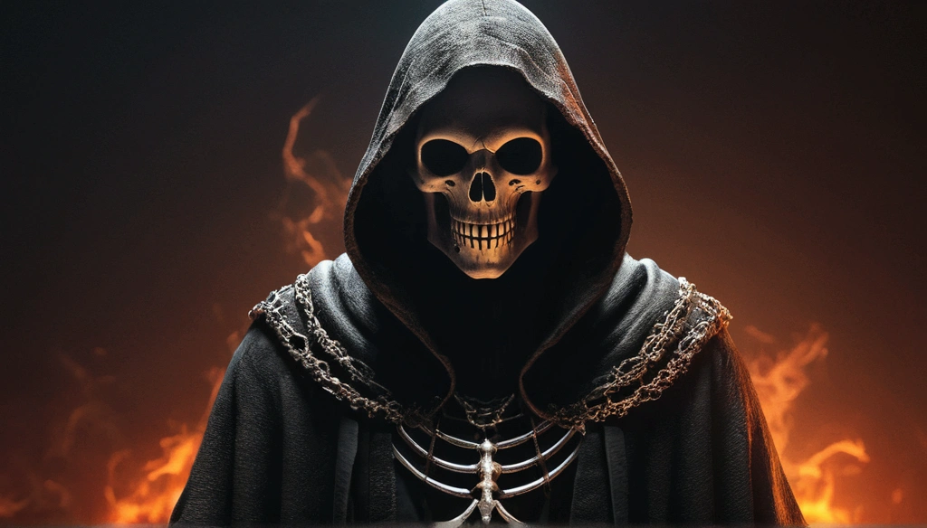 Create a frighteningly detailed and realistic depiction of the hooded figure of Death. The scene is expected to feature a black silhouette with a skull on a face and a skeletal hand holding a menacing sickle. Esta figura sinistra deve ter como pano de fundo uma noite nebulosa iluminada pela luz fria da lua. A imagem deve exalar uma atmosfera sinistra e arrepiante. Use Octane rendering to capture realistic textures and lighting. The resolution should be an impressive 8K, ensuring extraordinary clarity and precision in portraying the sinister aspect of Death.