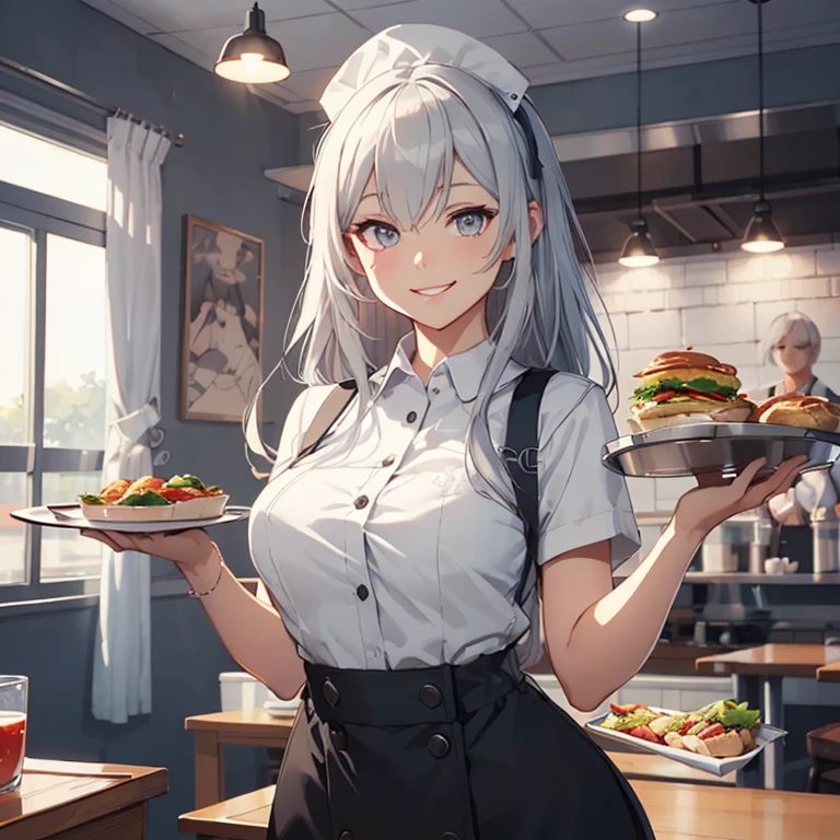 
verniy, grey hair, waitress at fast-food,(waitress uniform:1.4),
,(masterpiece:1.4),(best quality:1.4), (amazing), (great illustration:1.4), (ultra-detailed:1.4), (art CG, 8K)
,(hold a tray of orders :1.4),fast-food restaurant,(smile:1.4)