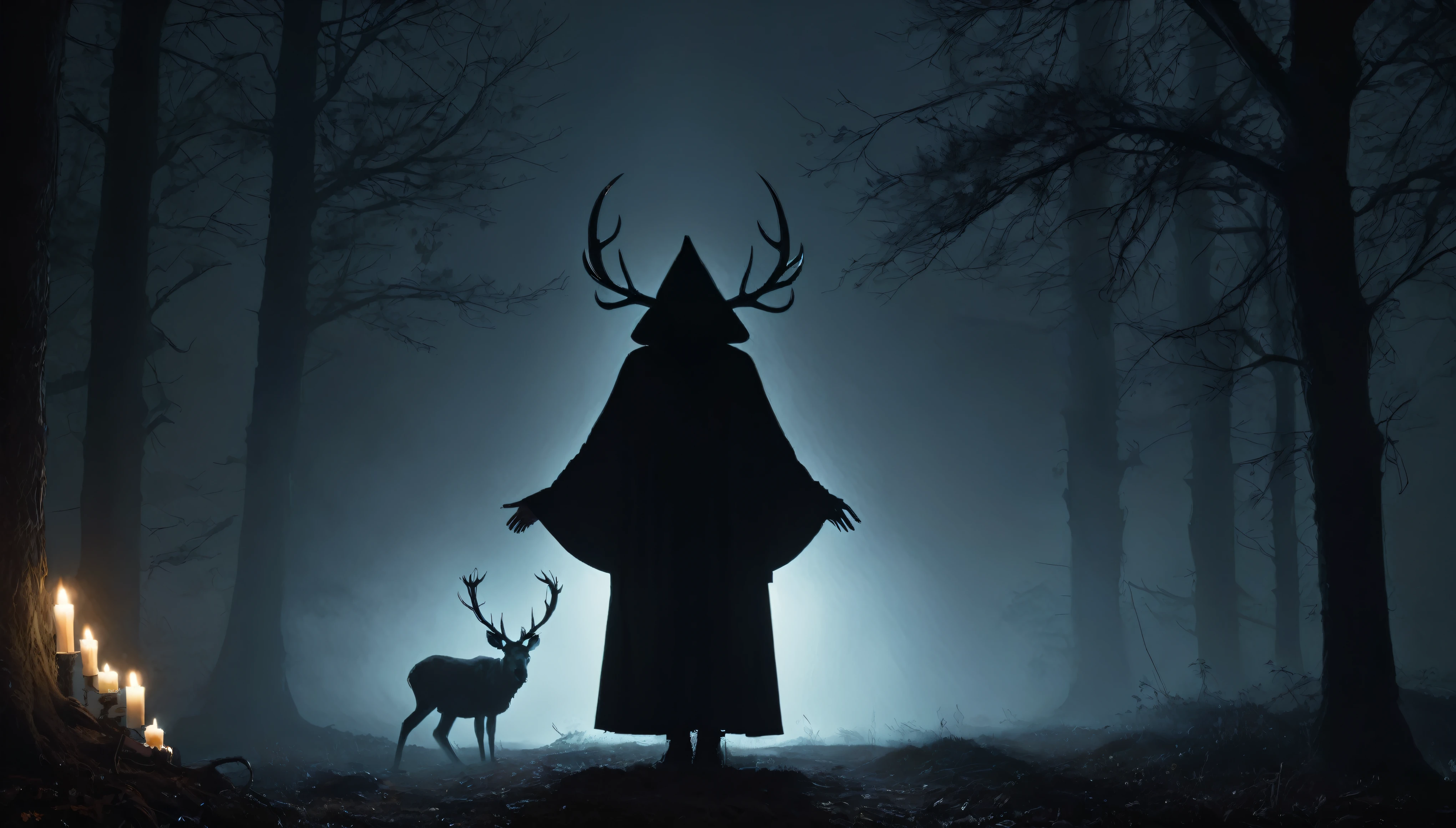 (best quality,4k,8k,highres,masterpiece:1.2),ultra-detailed,(realistic,photorealistic,photo-realistic:1.37),horror,dark,occult,gloomy,color scheme,night time,shadowy,gloomy,ominous atmosphere,A person wearing a deer skull on their head,black robe,candle,burning, flickering light,satanic alter,creepy,dark magic,vivid colors,surrealistic,moonlight,shadows dancing,haunting,spooky aesthetic,ethereal,mysterious figure,ancient ritual,demonic presence,foreboding,menacing,macabre,occult symbols,cryptic writings,mystical,misty atmosphere,pale moonlight,gothic elements,ominous shadows,ghostly,ominous candles,whispering shadows,foreboding darkness,spellbinding,unearthly,unsettling energy,thick darkness,enchanted scenery,total darkness,forbidden rituals,lit by the candlelight,supernatural energies,esoteric knowledge,nightmare-like,hauntingly beautiful,cloaked figure,hooded,mesmerizing,hidden secrets,esoteric meanings,confounding,encrypting,key to the unknown,nightmarish,dark aura,unveiling the shadowy truth,strange and otherworldly,dark glamour,peculiar and eerie ambiance,sinister figure,silent,grim,ancient mysticism,otherworldly presence,ominous atmosphere,casting eerie shadows,dark enchantments,diabolical,cloaked in darkness.