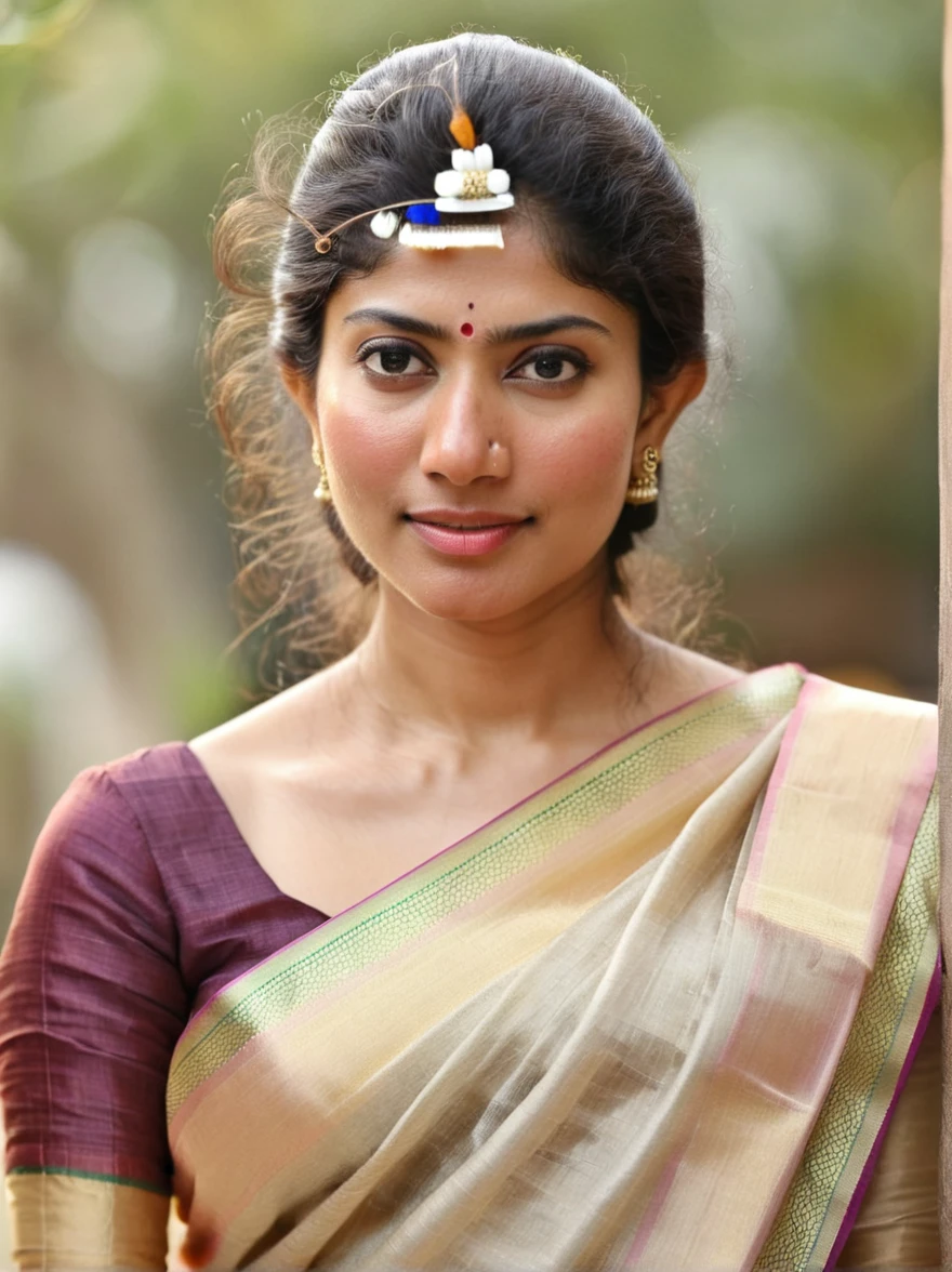 ultrarealistic hires close up photo of a 30-year-old sai pallavi woman, outdoors, realistic skin texture, looking looking at camera, high collar intricate (silk_saree_blouse:1.2), tied hair, beautiful bokeh background 