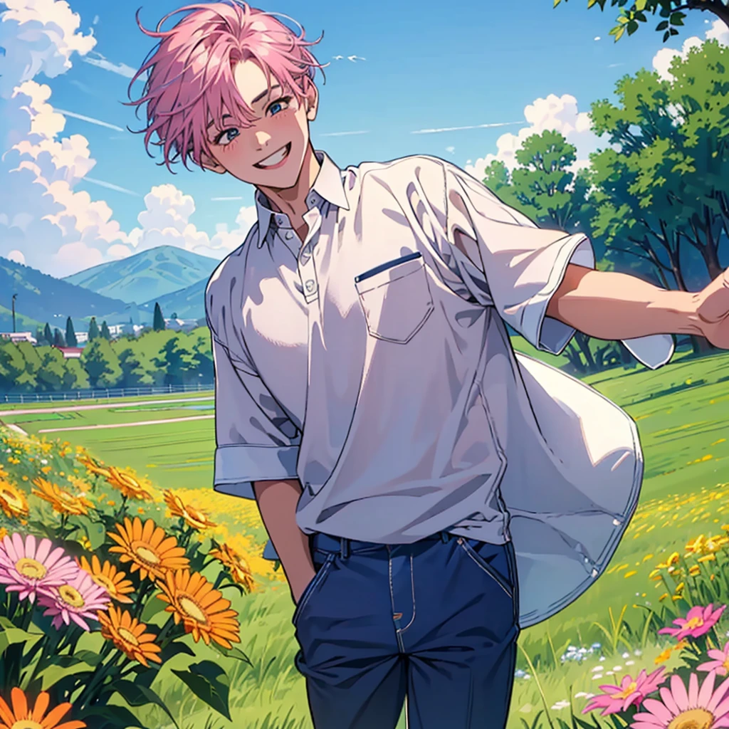 a  boy, (Best Quality, 8k, Masterpiece: 1.3), (warm sunny afternoon), on a field with green grass and flowers, walking , ultra detailed face , pink cheeks , blue hair , white shirt with a smile emoji, summer mood , laughing, happy, playing