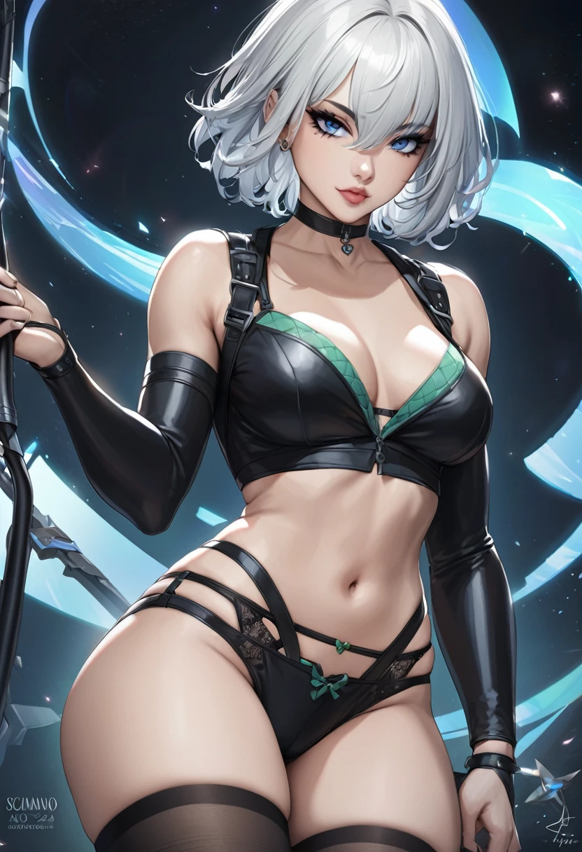 Sciamano240 style, 1girl, solo, yorha_no._2_type_b, thighhighs, navel, underwear, panties, blue_eyes, short_hair, white_hair, black_panties, looking_at_viewer, black_thighhighs, no_blindfold, breasts, highleg, detached_sleeves, lips, yorha_type_a_no._2, choker, hair_between_eyes, mole_under_mouth, crop_top