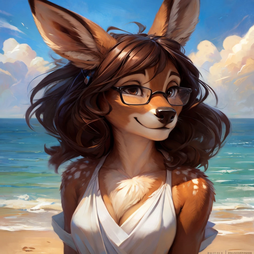 uploaded on e621, by Pixelsketcher, by Bayard Wu, by Thomas Benjamin Kennington , by Einshelm, by hioshiru and kenket, Chunie, portrait, solo anthro female deer doe, with small featureless breasts, clear dark blue, cinematic lighting, day, sunny day, beach, stays in the sea, sea background, mediterranean background, horizon background, shiny, short curly dark brown hair, wears big black nerd glasses, very very beautiful furry art, furry art, smiling, joyful, shiny, happy, feminine, cute face, muzzle, fluffy chest, flawless face, Fallow deer, 1girl, Sakimichan is beautiful, Masterpiece, Wavethesallow Face, shiny, Detailed image, portrait, Detailed image, portrait, full body, wearing wide, long, white blouse, shiny, realistic face, perfect anatomy, hourglass body, (furry body:1.1), anthropomorphic deer, small fluffy tail, detailed background, (cute anatomy:1.1), windy, smiling, very happy, happy
