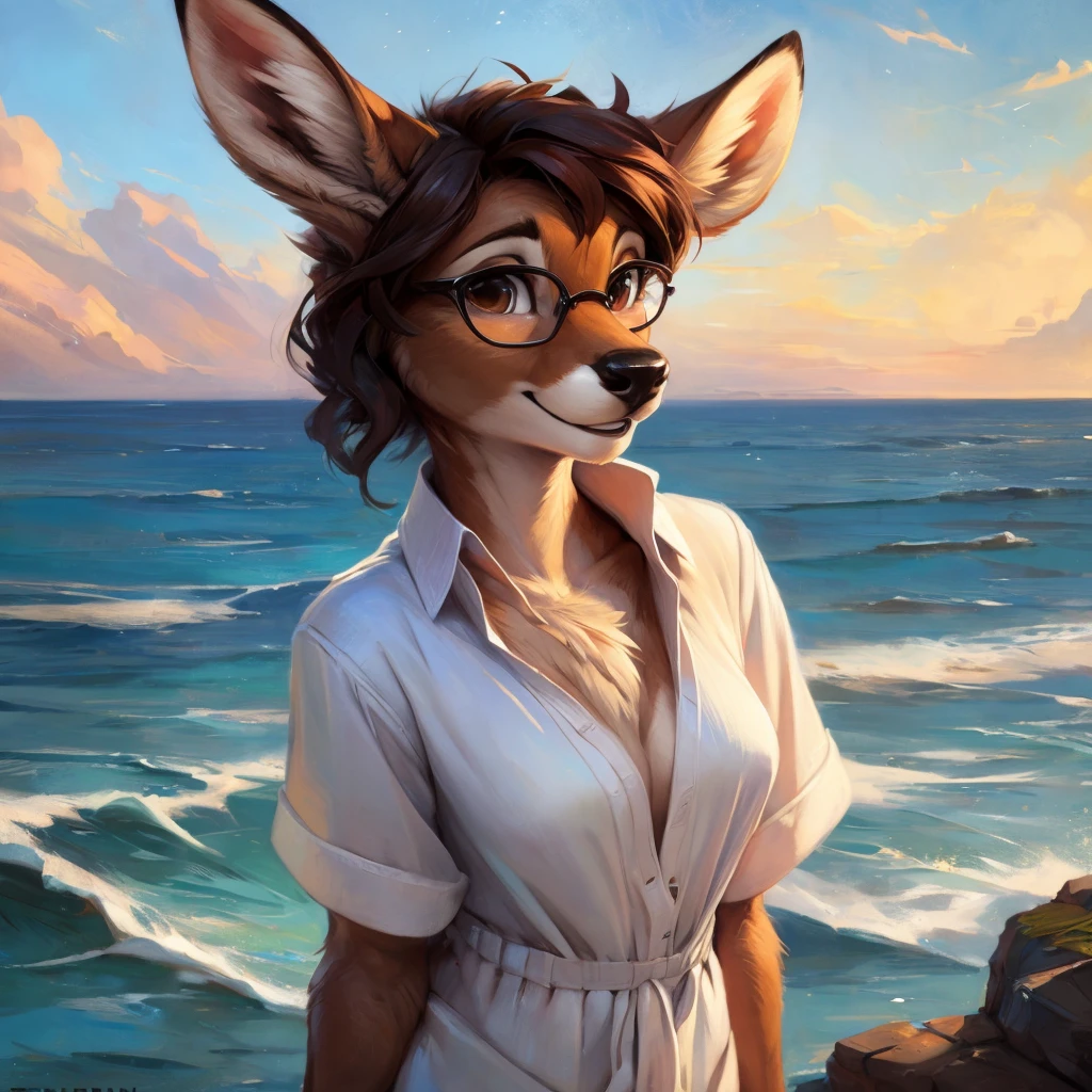 uploaded on e621, by Pixelsketcher, by Bayard Wu, by Thomas Benjamin Kennington , by Einshelm, by hioshiru and kenket, Chunie, portrait, solo anthro female deer doe, with small featureless breasts, clear dark blue, cinematic lighting, day, sunny day, beach, stays in the sea, sea background, mediterranean background, horizon background, shiny, short curly dark brown hair, wears big black nerd glasses, very very beautiful furry art, furry art, smiling, joyful, shiny, happy, feminine, cute face, muzzle, fluffy chest, flawless face, Fallow deer, 1girl, Sakimichan is beautiful, Masterpiece, Wavethesallow Face, shiny, Detailed image, portrait, Detailed image, portrait, full body, wearing wide, long, white blouse, shiny, realistic face, perfect anatomy, hourglass body, (furry body:1.1), anthropomorphic deer, small fluffy tail, detailed background, (cute anatomy:1.1), windy, smiling, very happy, happy