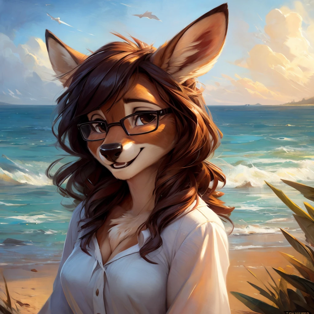 uploaded on e621, by Pixelsketcher, by Bayard Wu, by Thomas Benjamin Kennington , by Einshelm, by hioshiru and kenket, Chunie, portrait, solo anthro female deer doe, with small featureless breasts, clear dark blue, cinematic lighting, day, sunny day, beach, stays in the sea, sea background, mediterranean background, horizon background, shiny, short curly dark brown hair, wears big black nerd glasses, very very beautiful furry art, furry art, smiling, joyful, shiny, happy, feminine, cute face, muzzle, fluffy chest, flawless face, Fallow deer, 1girl, Sakimichan is beautiful, Masterpiece, Wavethesallow Face, shiny, Detailed image, portrait, Detailed image, portrait, full body, wearing wide, long, white blouse, shiny, realistic face, perfect anatomy, hourglass body, (furry body:1.1), anthropomorphic deer, small fluffy tail, detailed background, (cute anatomy:1.1), windy, smiling, very happy, happy