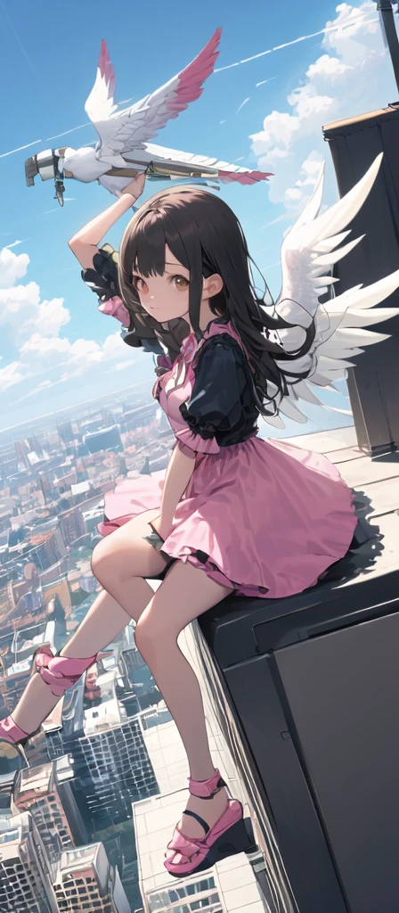 (masterpiece, best quality),from above , 1littlegirl, solo, (feathered White angel wings:1.2), yellow halo floating on top of her head,billboard, brown eyes, black hair, building, city, cloudy sky, pink  short dress with short puffy sleeves,pink sandal, crane \(machine\), dutch angle, from side, light frown, looking at viewer, outdoors, rooftop, sky, skyscraper