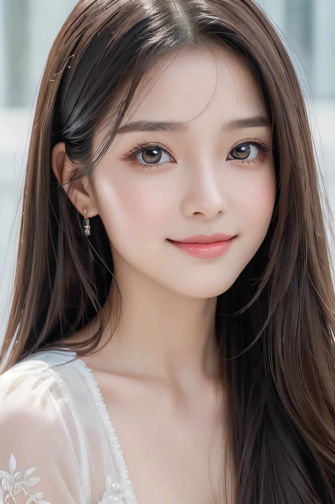 (Very beautiful cute girl), (very cute elegant face:1.2),, (sparkling clear attractive large eyes:1.2), Beautiful detailed eyes, Detailed double eyelids, (smiling), (realistic photograph:1.2), silky long straight hair,beautiful see-through bangs