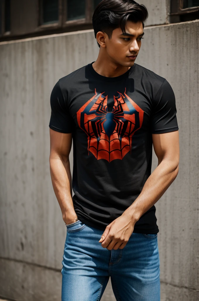 Tiger shorf wearing black tshirt having print of spider man and blue jeans