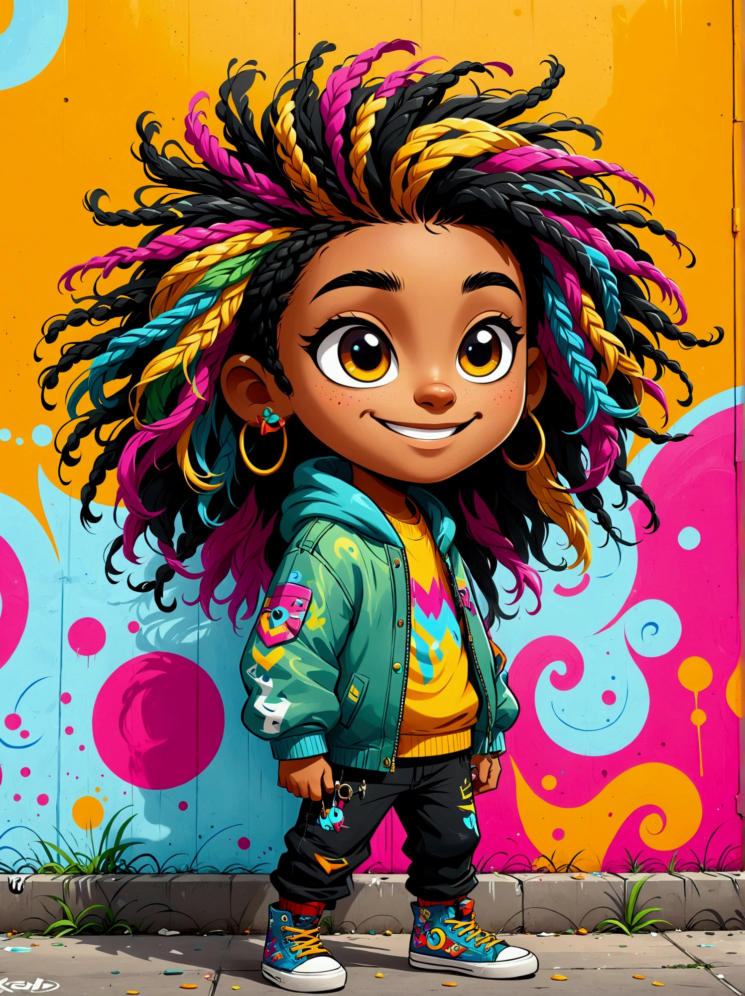 graffiti style,Cartoon characters,vector illustration,ung boy,boku,large, expressive eyes,friendly smile,gorgeous clothing,colored hair,dreadlocks,Unique and wild hairstyle,站在graffiti style的背景前,Add whimsy to the scene