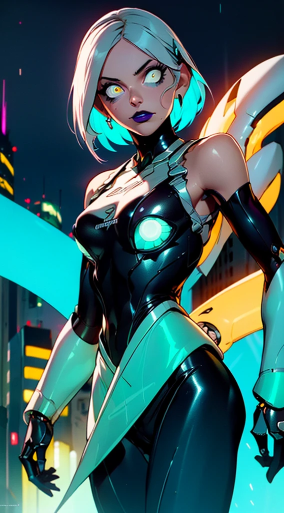 (mechanical parts:1.5),fighting , glowing eyes, short hair, tight supersuit, in a futuristic city, lights and neon, glowing neon lines, lovely pose, cute view