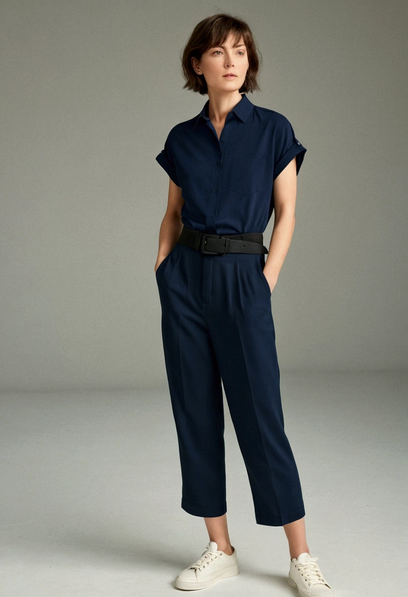 woman, short hair, Navy blue short-sleeved, loose-fitting shirt., Navy blue, long, straight-leg pants., Not wearing a belt, white sneakers