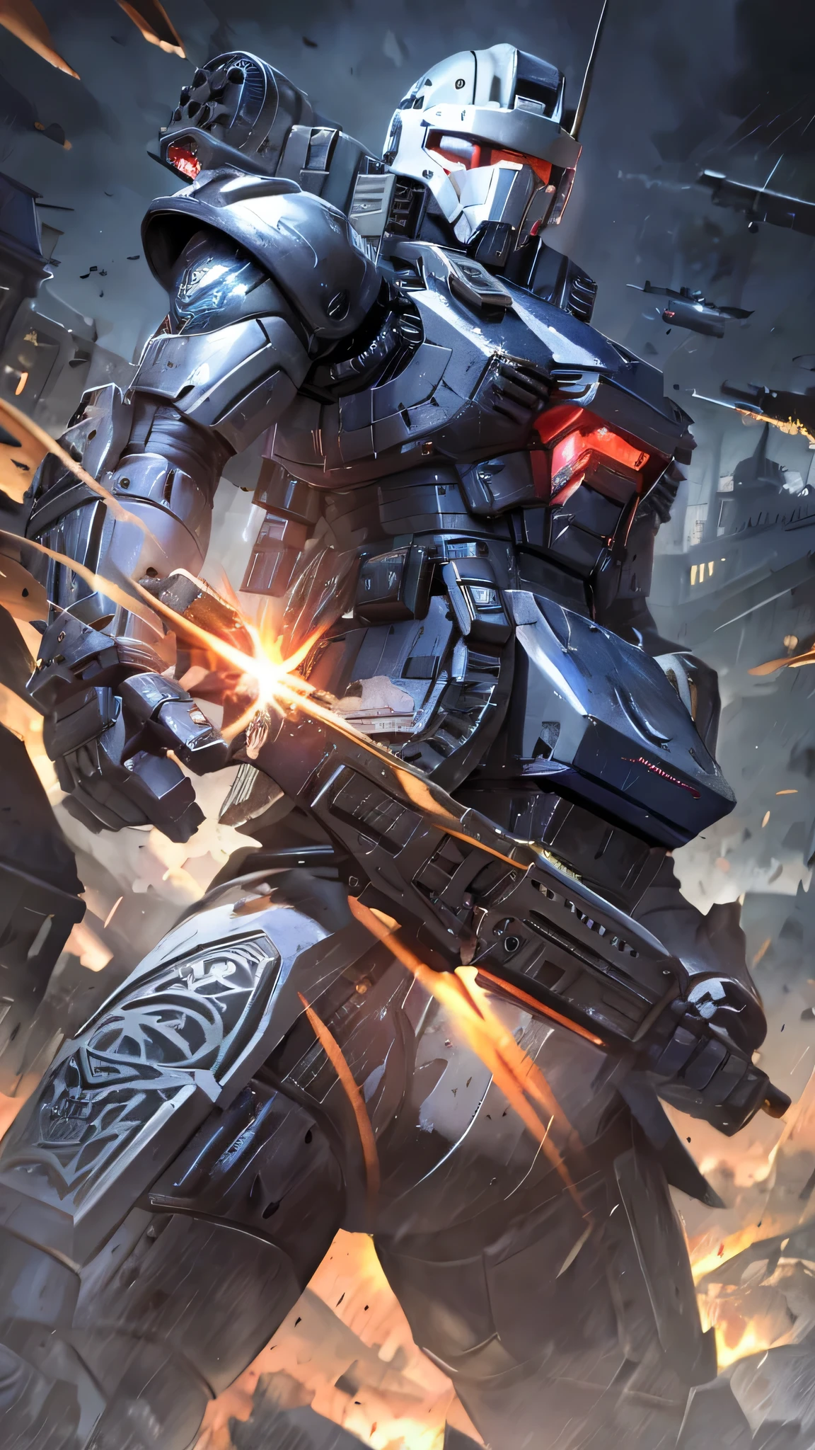 最high quality、Best image quality、masterpiece、Giant Mecha((humanoid、Railgun、Bulletproof vest、Jetpack、Red visor、Run、Chainsaw,Covered in scars,gas mask、Black color、Fighting Pose))high quality、Beautiful art、background((City、explosion、Smokescreen)),Tabletop、Exquisite design、Visual Arts、Written boundary depth、Best lighting、The finest details、8k