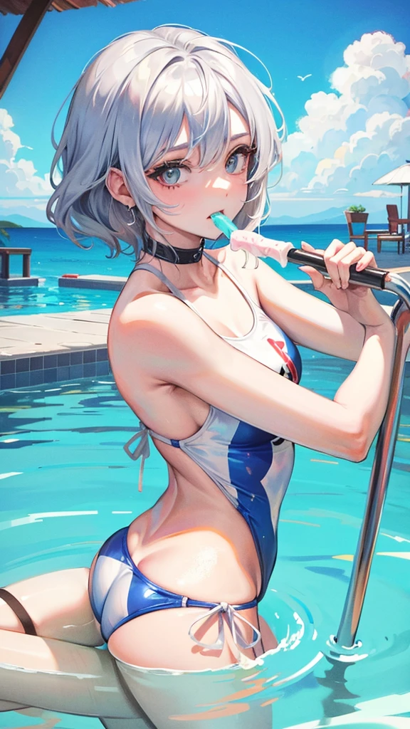 Eating ice cream by the pool　Chibi character　Silver hair swimsuit
　