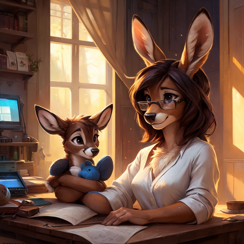 uploaded on e621, by Pixelsketcher, by Bayard Wu, by Thomas Benjamin Kennington , by Einshelm, by hioshiru and kenket, Chunie, portrait, solo anthro female deer doe, with small featureless breasts, clear dark blue, cinematic lighting, day, sunny day, Workspace, sitting at a desk, Workspace background, shiny, shoulder long curly dark brown hair, wears big black nerd glasses, very very beautiful furry art, furry art, smiling, joyful, shiny, happy, feminine, cute face, muzzle, fluffy chest, flawless face, Fallow deer, 1girl, Sakimichan is beautiful, Masterpiece, Wavethesallow Face, shiny, Detailed image, portrait, Detailed image, portrait, full body, wearing wide, long, white blouse, shiny, realistic face, perfect ???????, hourglass body, (furry body:1.1), anthropomorphic deer, small fluffy tail, detailed background, (cute ???????:1.1), focused on work, sewing a plushie, working on a plushie, sewing, sewing mashine
