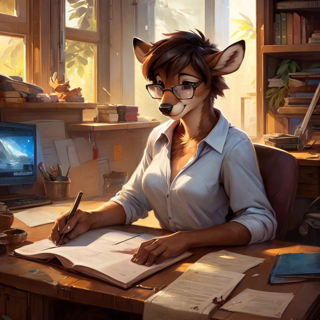 uploaded on e621, by Pixelsketcher, by Bayard Wu, by Thomas Benjamin Kennington , by Einshelm, by hioshiru and kenket, Chunie, portrait, solo anthro female deer doe, with small featureless breasts, clear dark blue, cinematic lighting, day, sunny day, Workspace, sitting at a desk, Workspace background, shiny, shoulder long curly dark brown hair, wears big black nerd glasses, very very beautiful furry art, furry art, smiling, joyful, shiny, happy, feminine, cute face, muzzle, fluffy chest, flawless face, Fallow deer, 1girl, Sakimichan is beautiful, Masterpiece, Wavethesallow Face, shiny, Detailed image, portrait, Detailed image, portrait, full body, wearing wide, long, white blouse, shiny, realistic face, perfect anatomy, hourglass body, (furry body:1.1), anthropomorphic deer, small fluffy tail, detailed background, (cute anatomy:1.1), focused on work, sewing a plushie, working on a plushie, sewing, sewing mashine