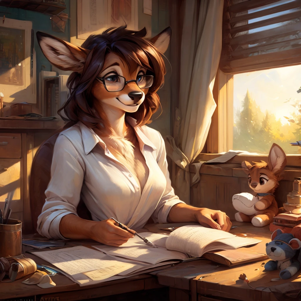 uploaded on e621, by Pixelsketcher, by Bayard Wu, by Thomas Benjamin Kennington , by Einshelm, by hioshiru and kenket, Chunie, portrait, solo anthro female deer doe, with small featureless breasts, clear dark blue, cinematic lighting, day, sunny day, Workspace, sitting at a desk, Workspace background, shiny, shoulder long curly dark brown hair, wears big black nerd glasses, very very beautiful furry art, furry art, smiling, joyful, shiny, happy, feminine, cute face, muzzle, fluffy chest, flawless face, Fallow deer, 1girl, Sakimichan is beautiful, Masterpiece, Wavethesallow Face, shiny, Detailed image, portrait, Detailed image, portrait, full body, wearing wide, long, white blouse, shiny, realistic face, perfect anatomy, hourglass body, (furry body:1.1), anthropomorphic deer, small fluffy tail, detailed background, (cute anatomy:1.1), focused on work, sewing a plushie, working on a plushie, sewing, sewing mashine