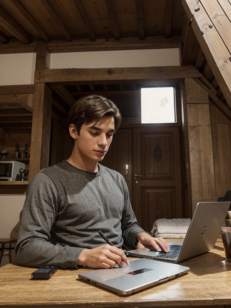 a young man working remotely on a laptop in a countryside house, vector art digital illustration, concept art