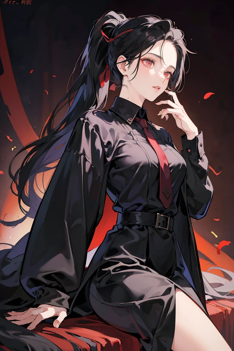 anime - (masterpiece), best quality, small eyes, mature face, dark red eyes, long ponytail dark black hair, long mature face, black t-shirt, black coat, black necktie, peaked cap, tall woman, long legs, adult-like female, 1girl, big breast, school background, mature look
